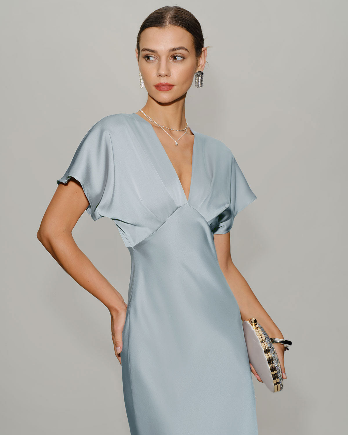 Vestido Midi Satinado Manga Drapeada — Azul