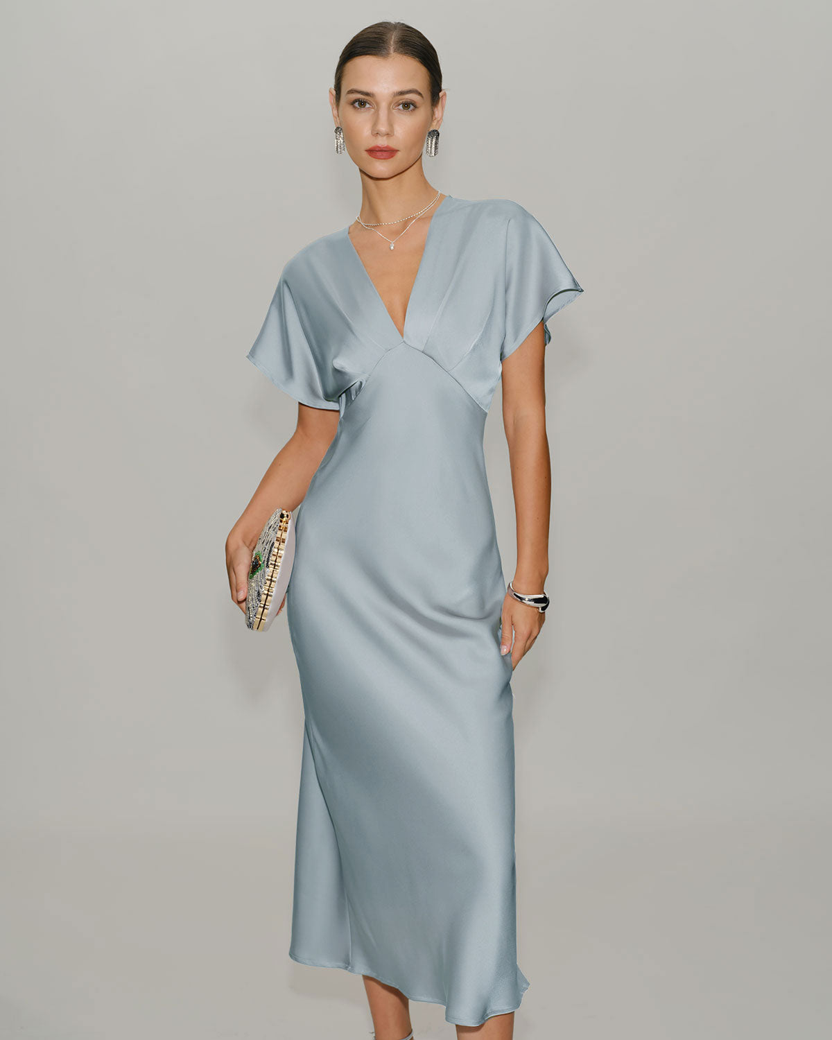 Vestido Midi Satinado Manga Drapeada — Azul