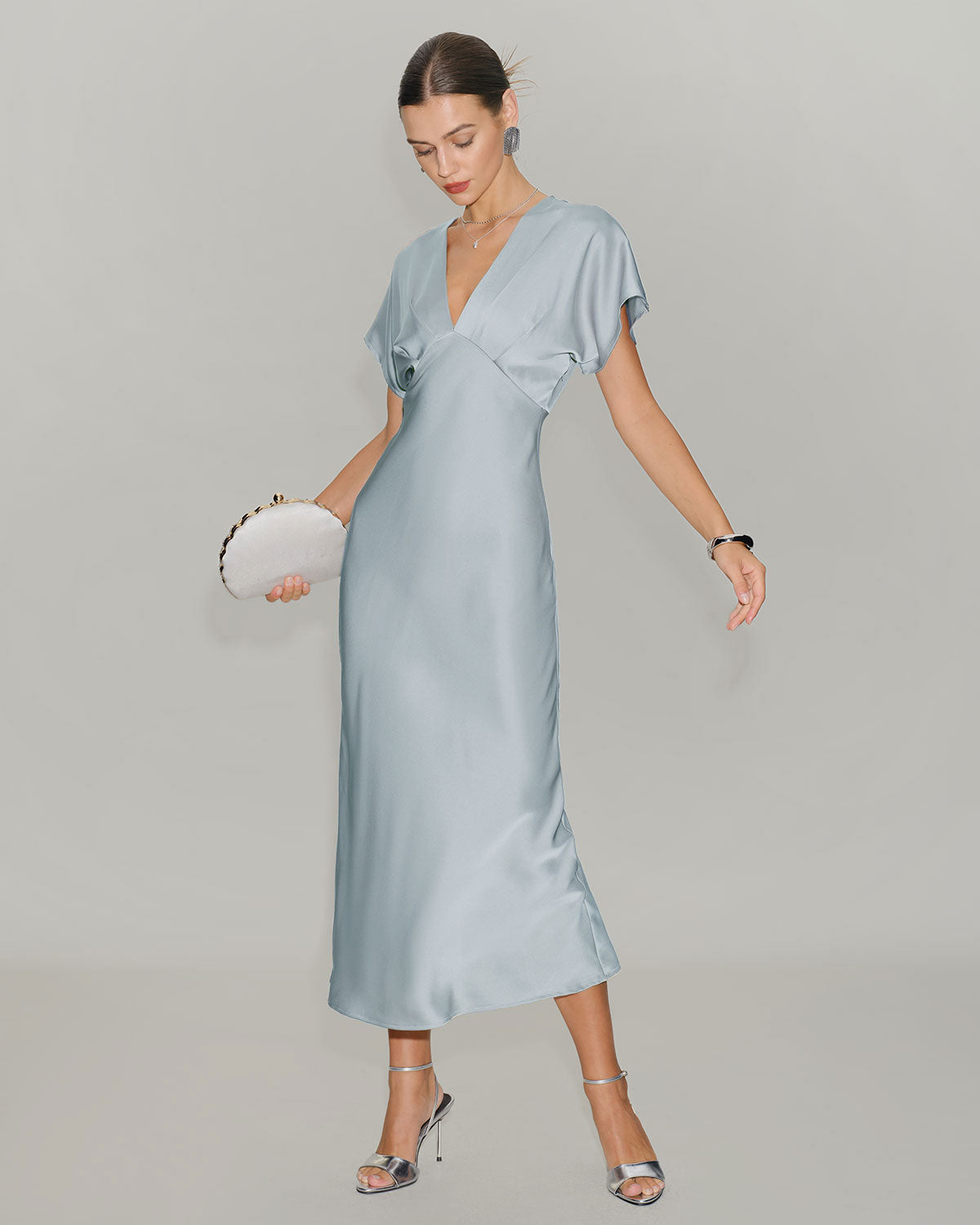 Vestido Midi Satinado Manga Drapeada — Azul
