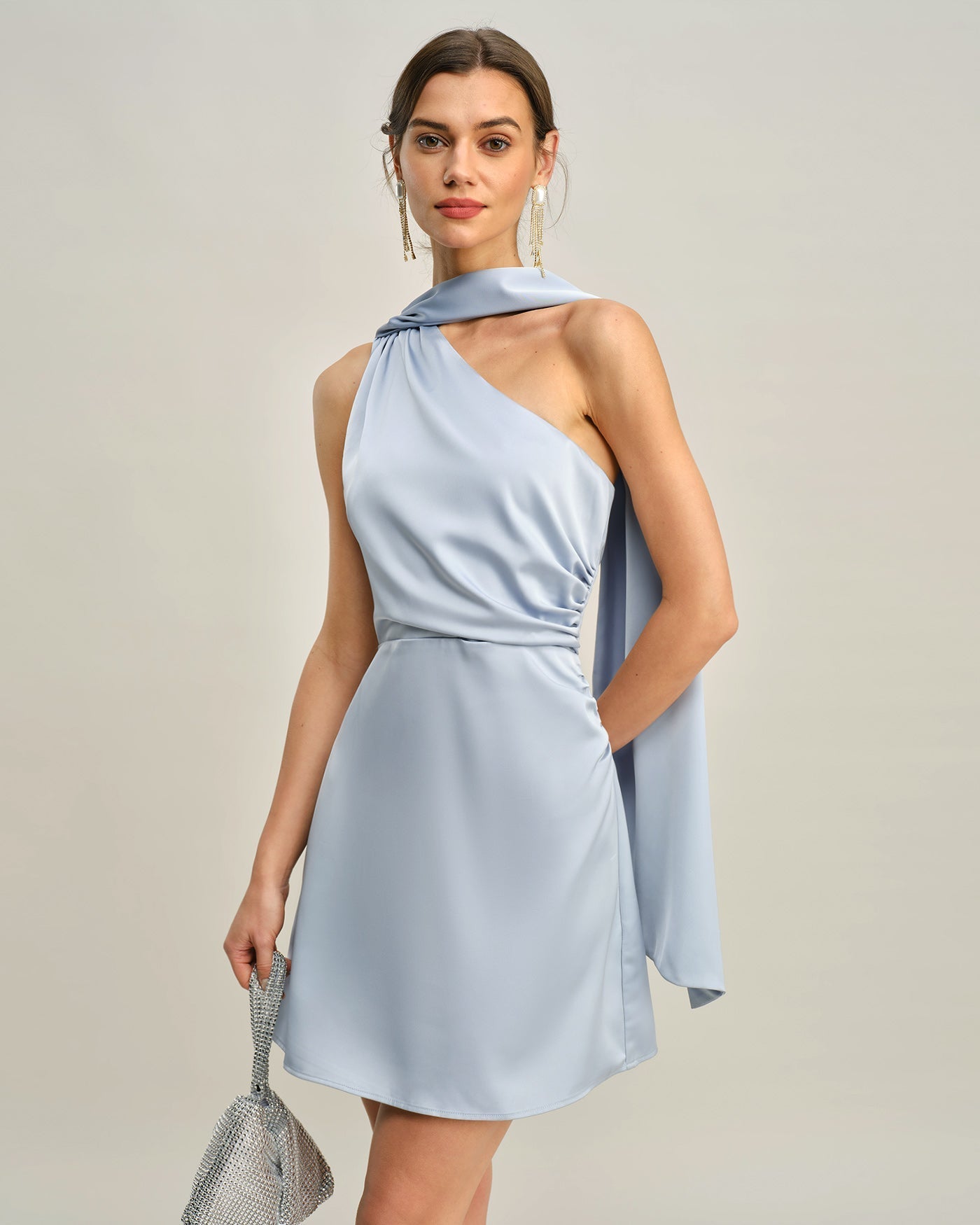Vestido Mini Satinado Un Hombro — Azul