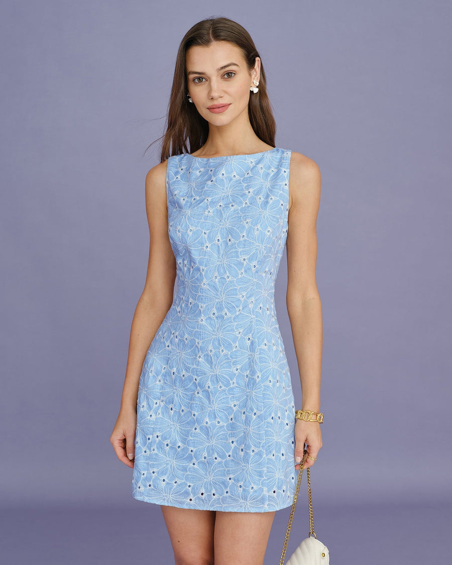 Vestido Mini Bordado sin Mangas — Azul