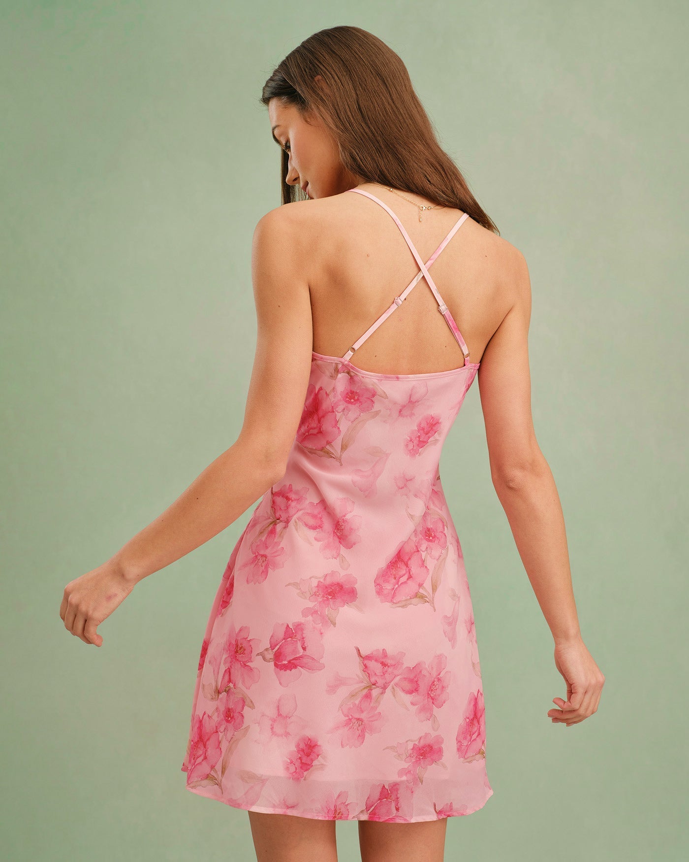 Vestido Mini Lencero Cuello Drapeado Floral — Rosa