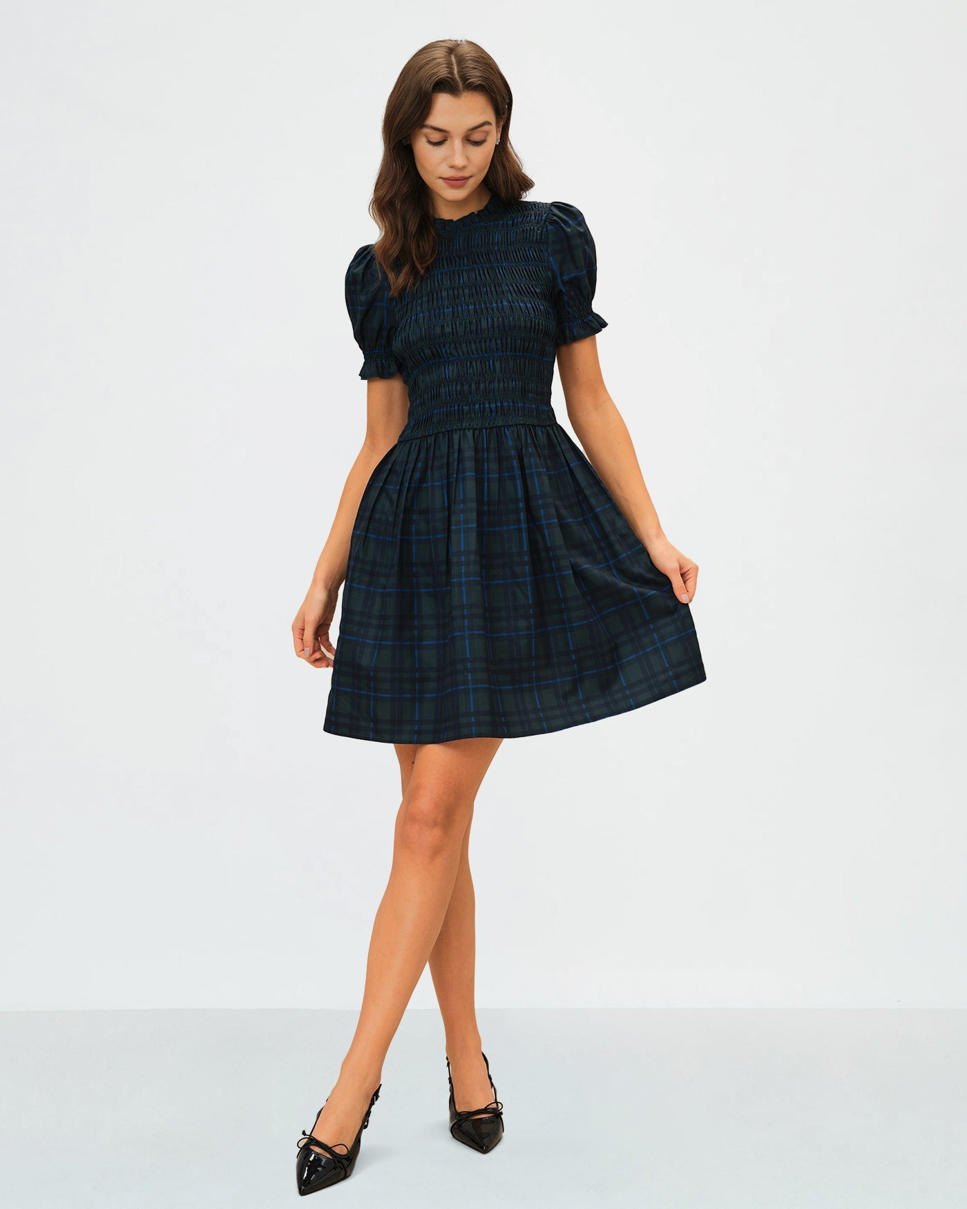 Vestido Mini de Cuadros Manga Abullonada — Verde