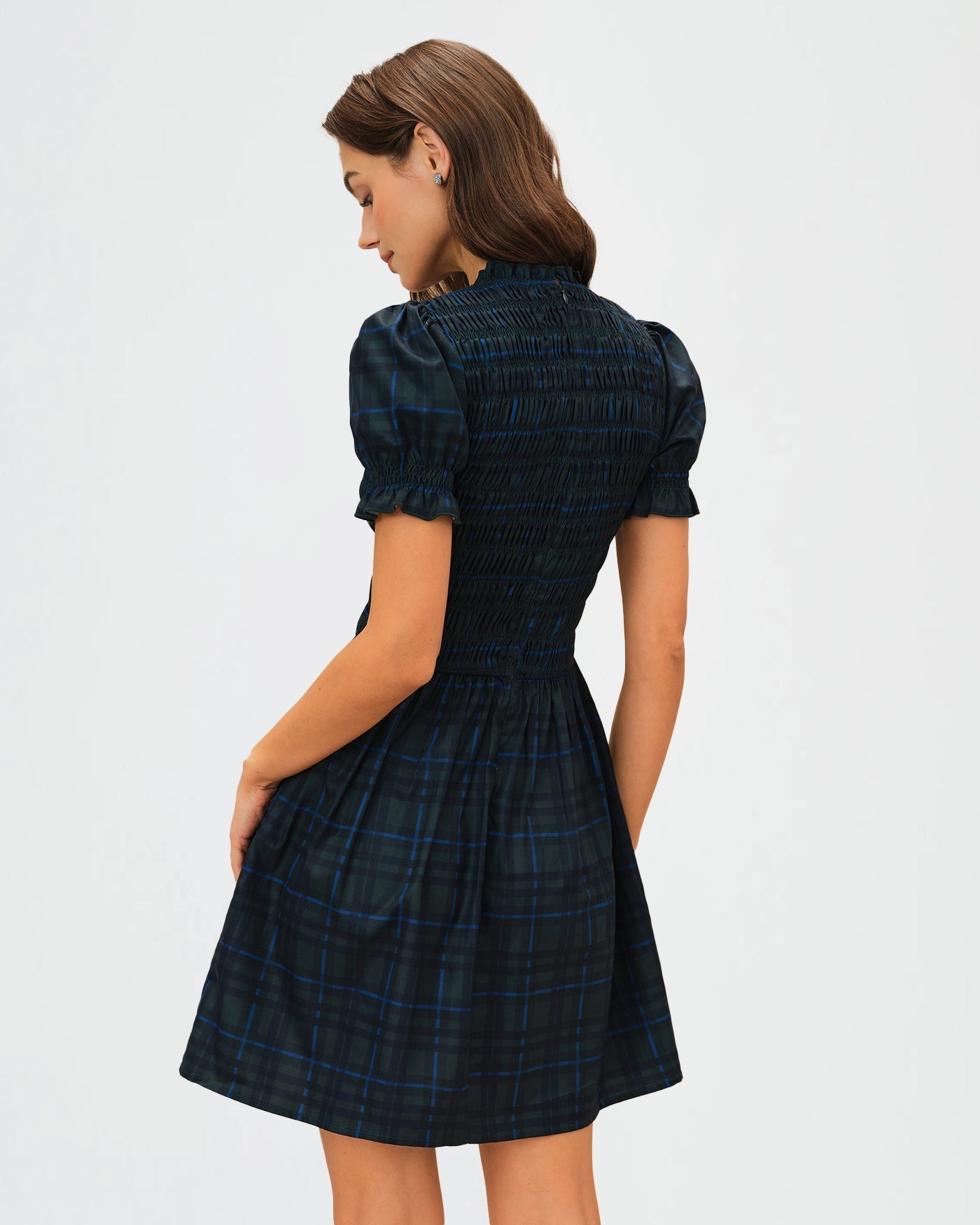 Vestido Mini de Cuadros Manga Abullonada — Verde