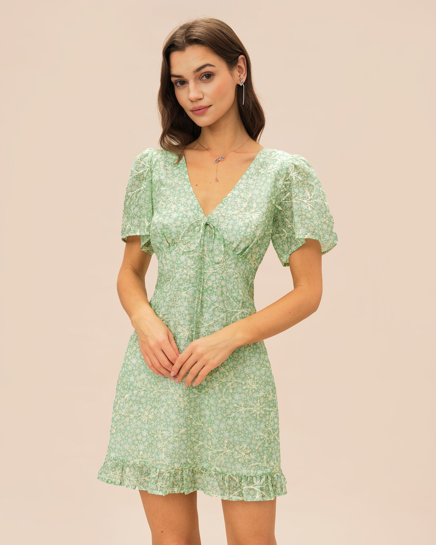 Vestido Mini Floral Escote en V — Verde