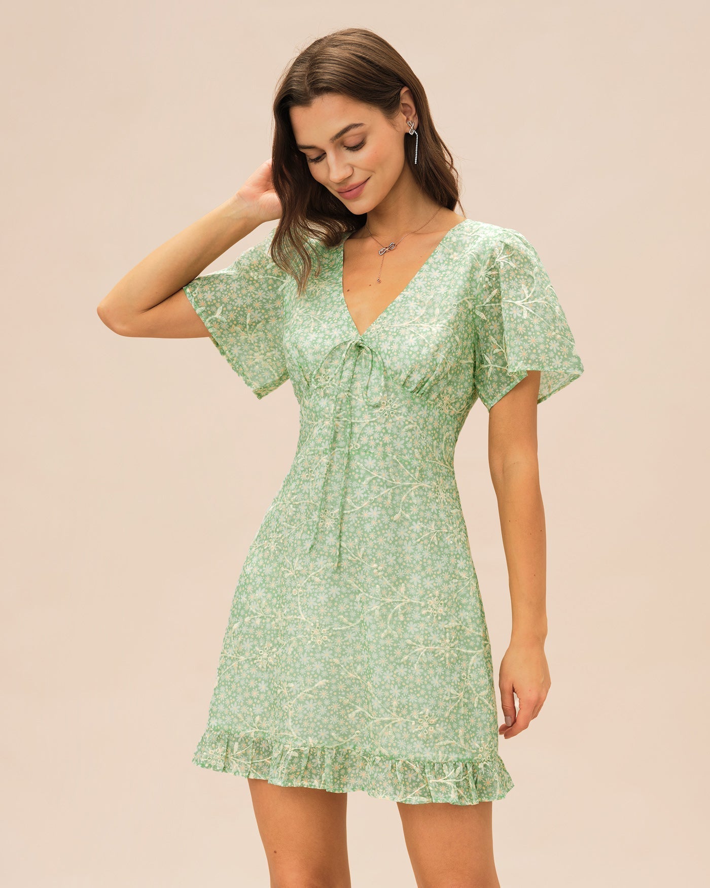Vestido Mini Floral Escote en V — Verde
