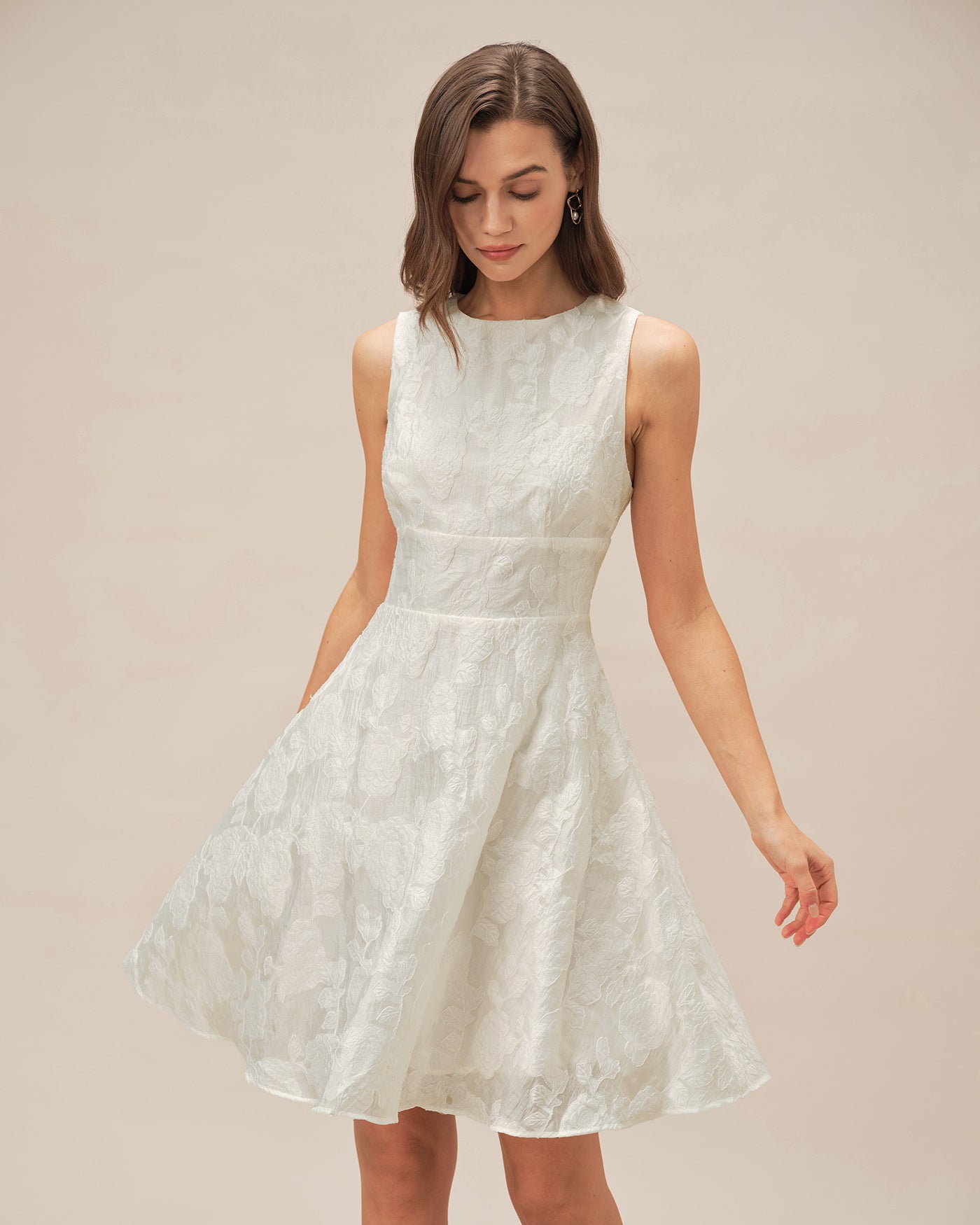 Vestido Mini Jacquard Escote Redondo — Blanco