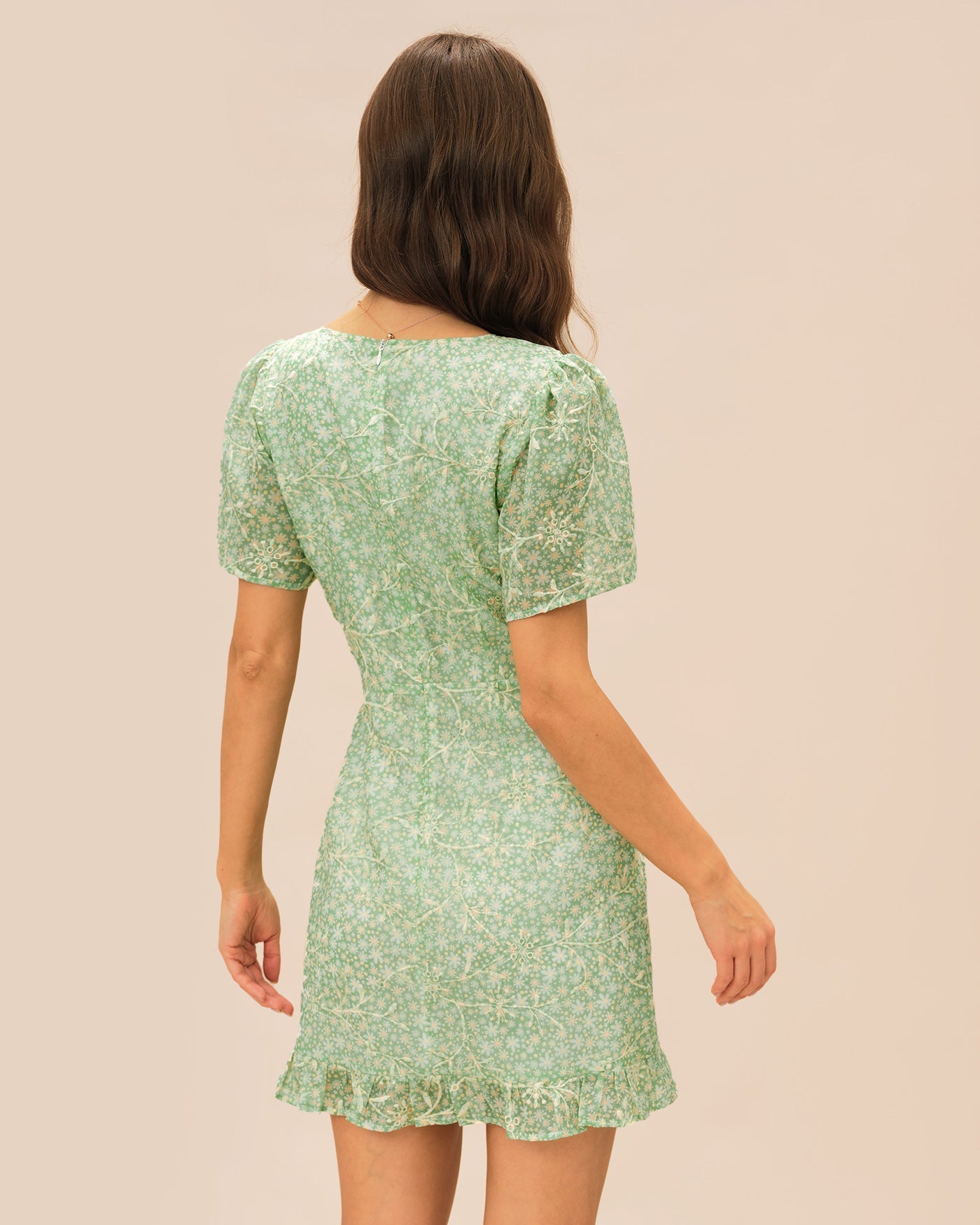 Vestido Mini Floral Escote en V — Verde