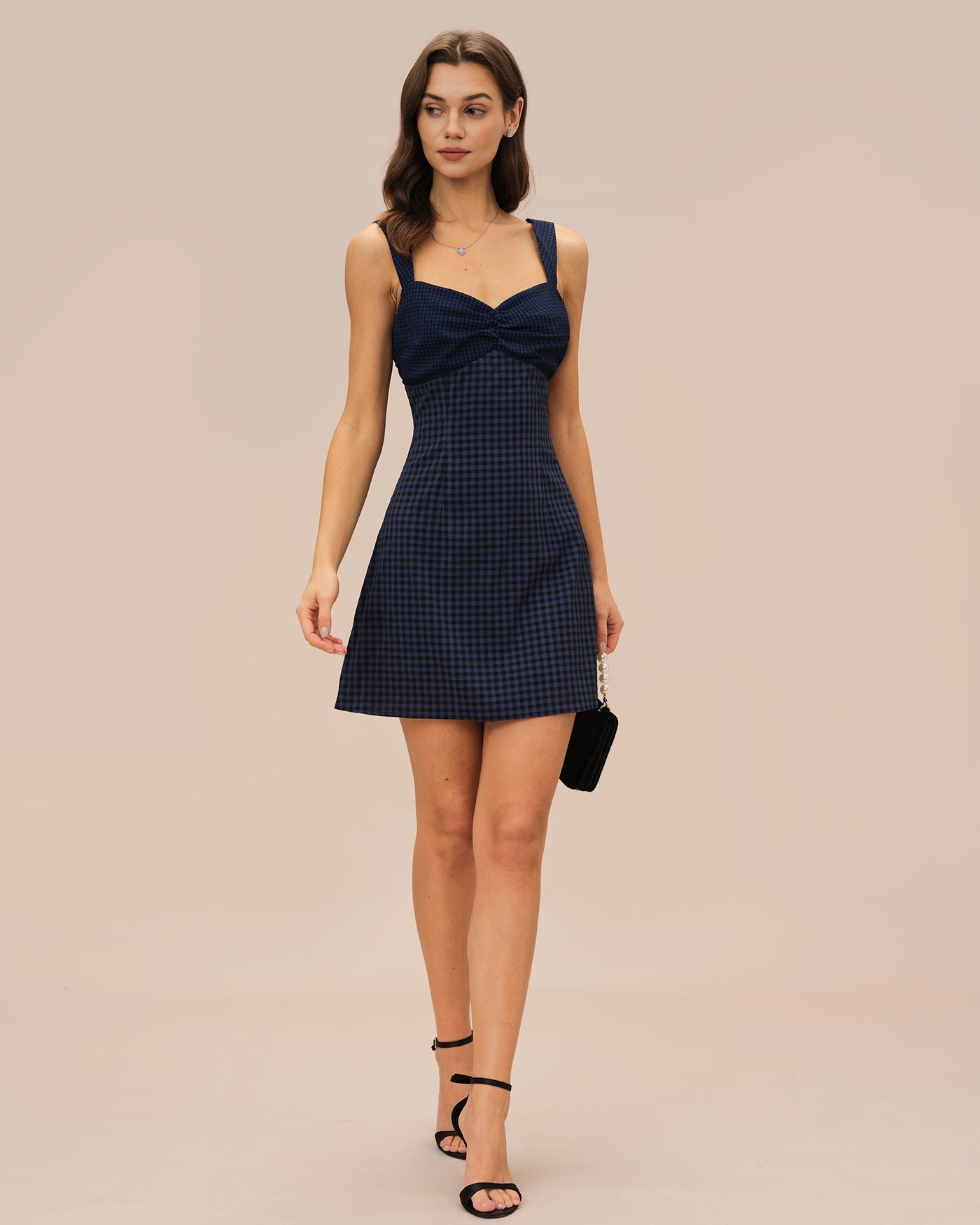 Vestido Mini de Cuadros Escote Corazón — Azul