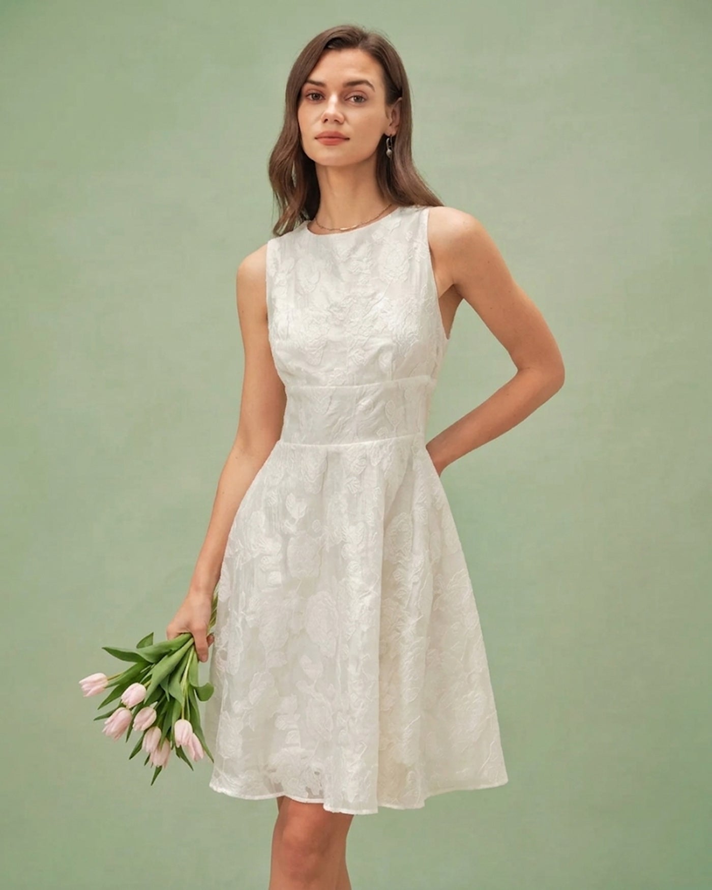 Vestido Mini Jacquard Escote Redondo — Blanco