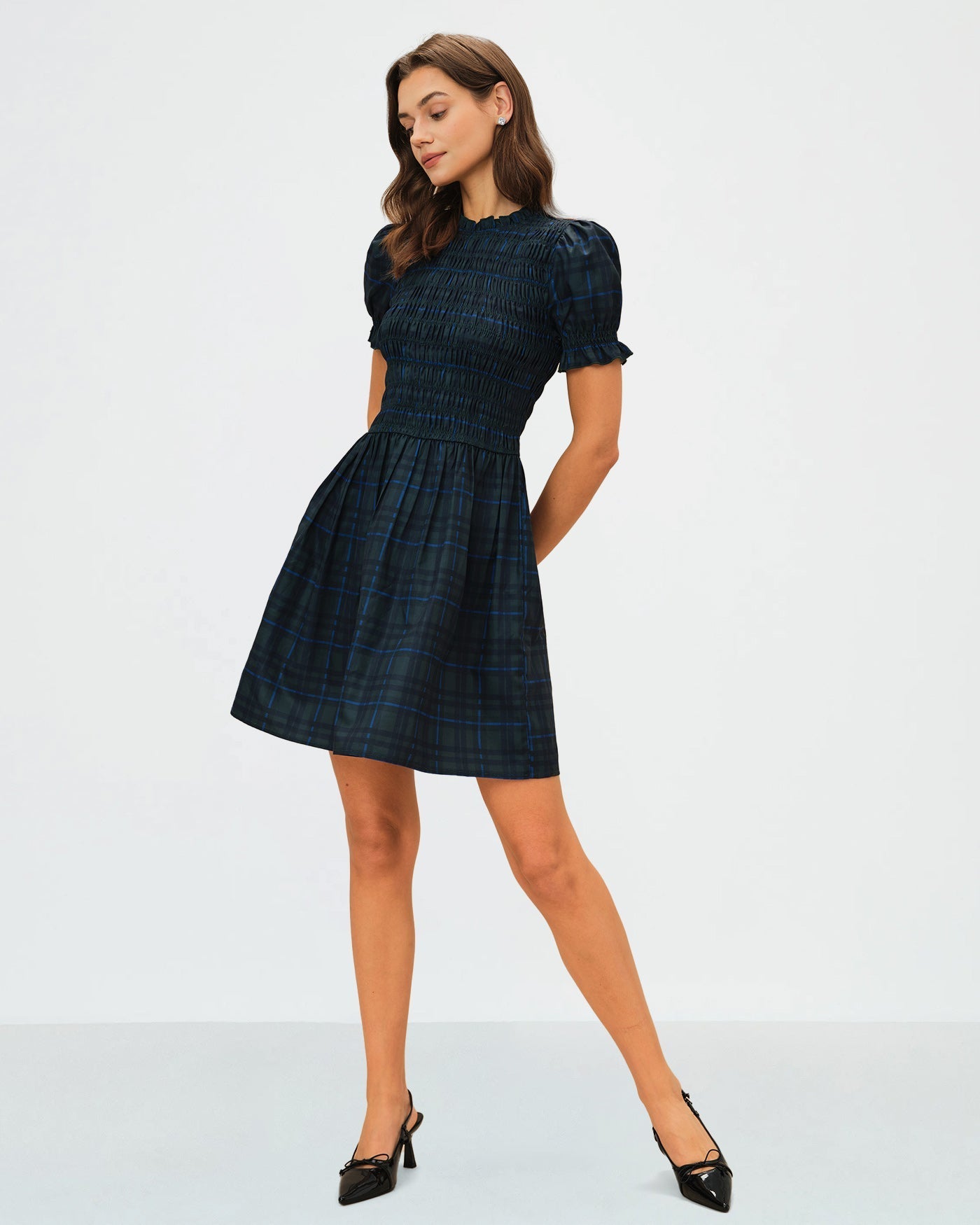 Vestido Mini de Cuadros Manga Abullonada — Verde