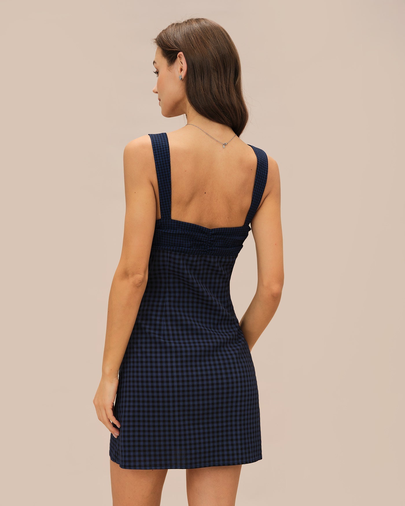 Vestido Mini de Cuadros Escote Corazón — Azul