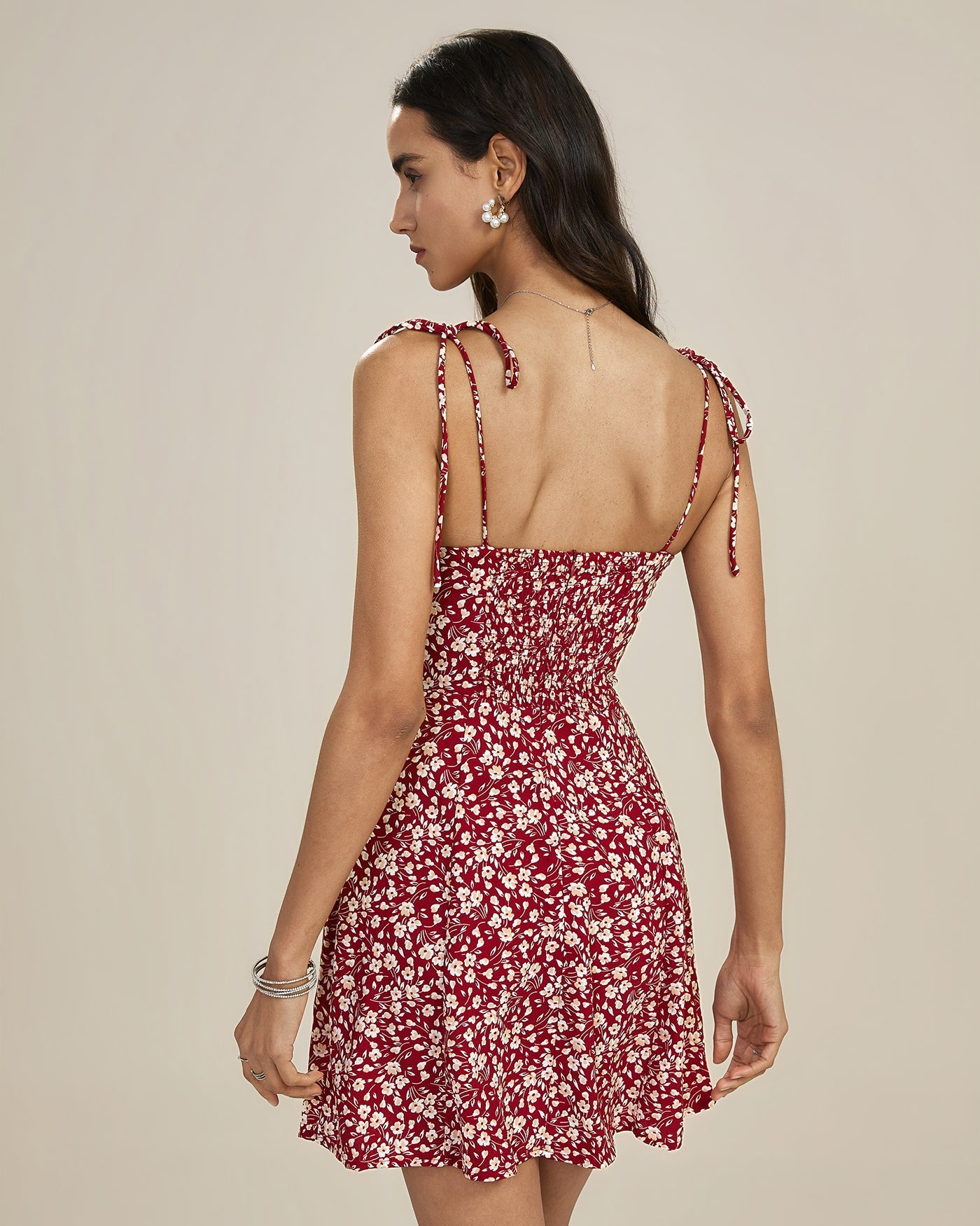 Vestido Mini Floral con Lazada — Rojo