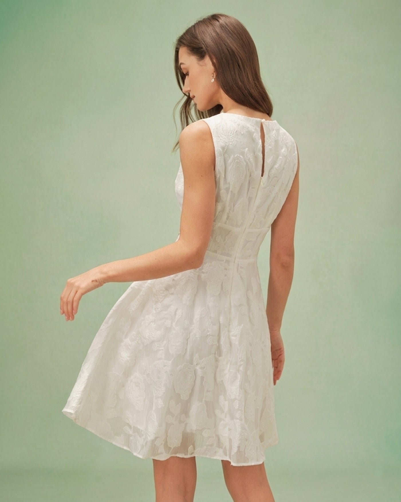 Vestido Mini Jacquard Escote Redondo — Blanco