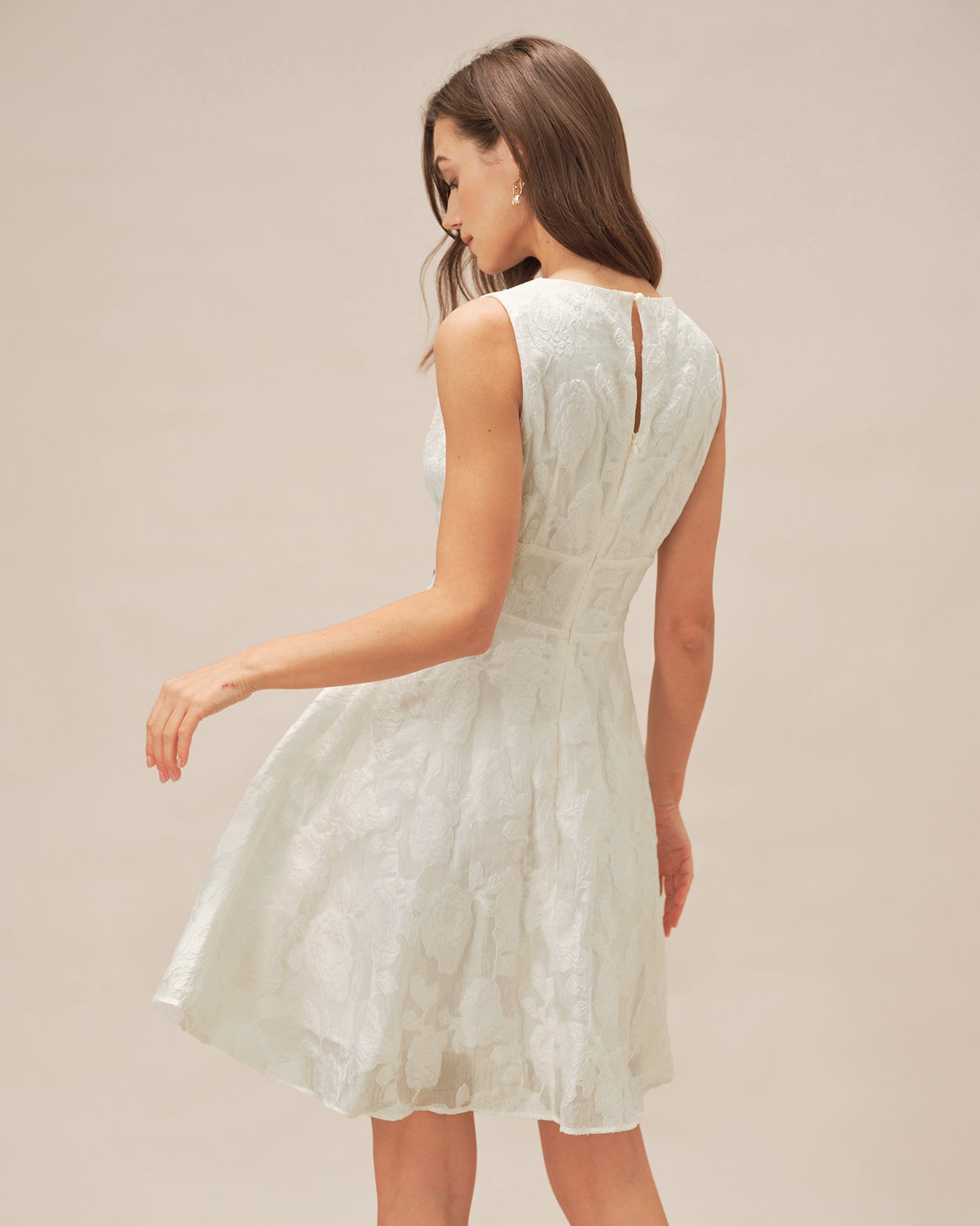 Vestido Mini Jacquard Escote Redondo — Blanco