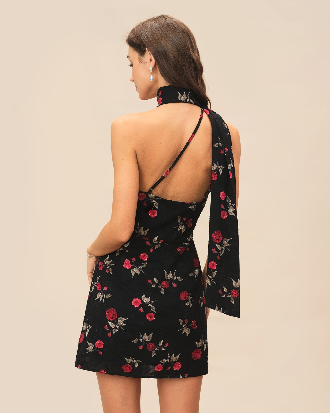 Vestido Mini Jacquard Un Hombro — Negro