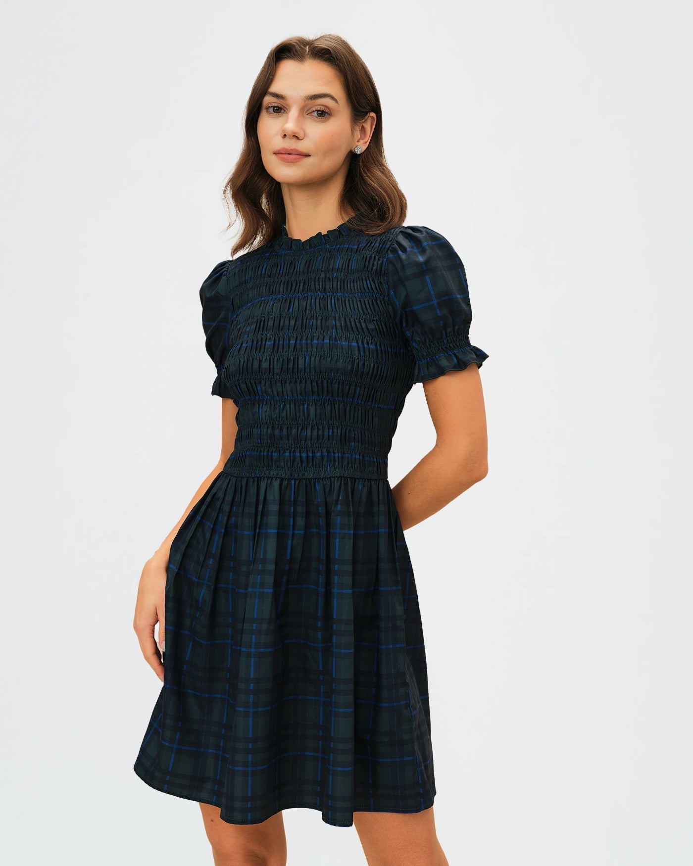 Vestido Mini de Cuadros Manga Abullonada — Verde