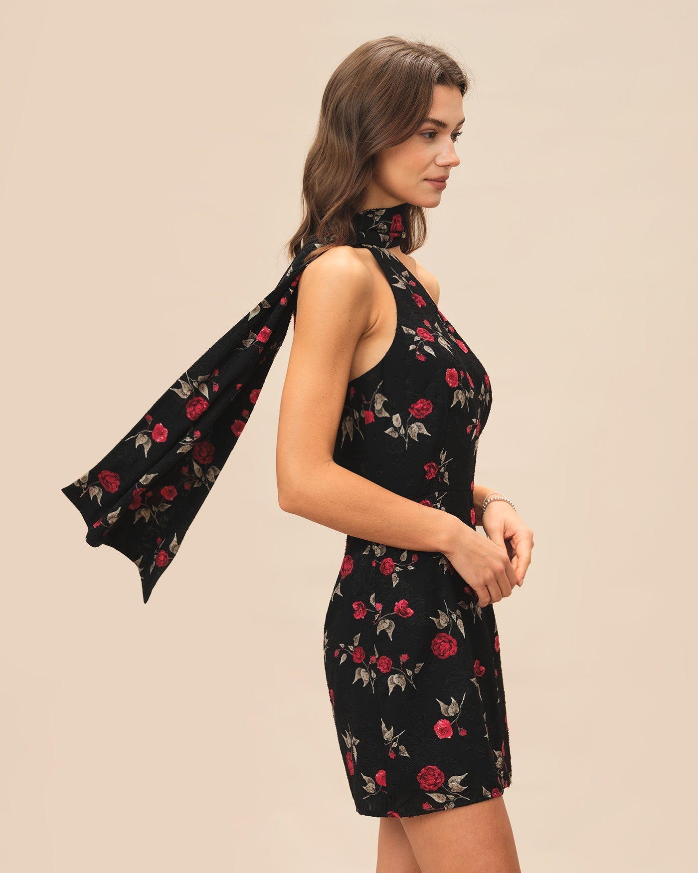 Vestido Mini Jacquard Un Hombro — Negro