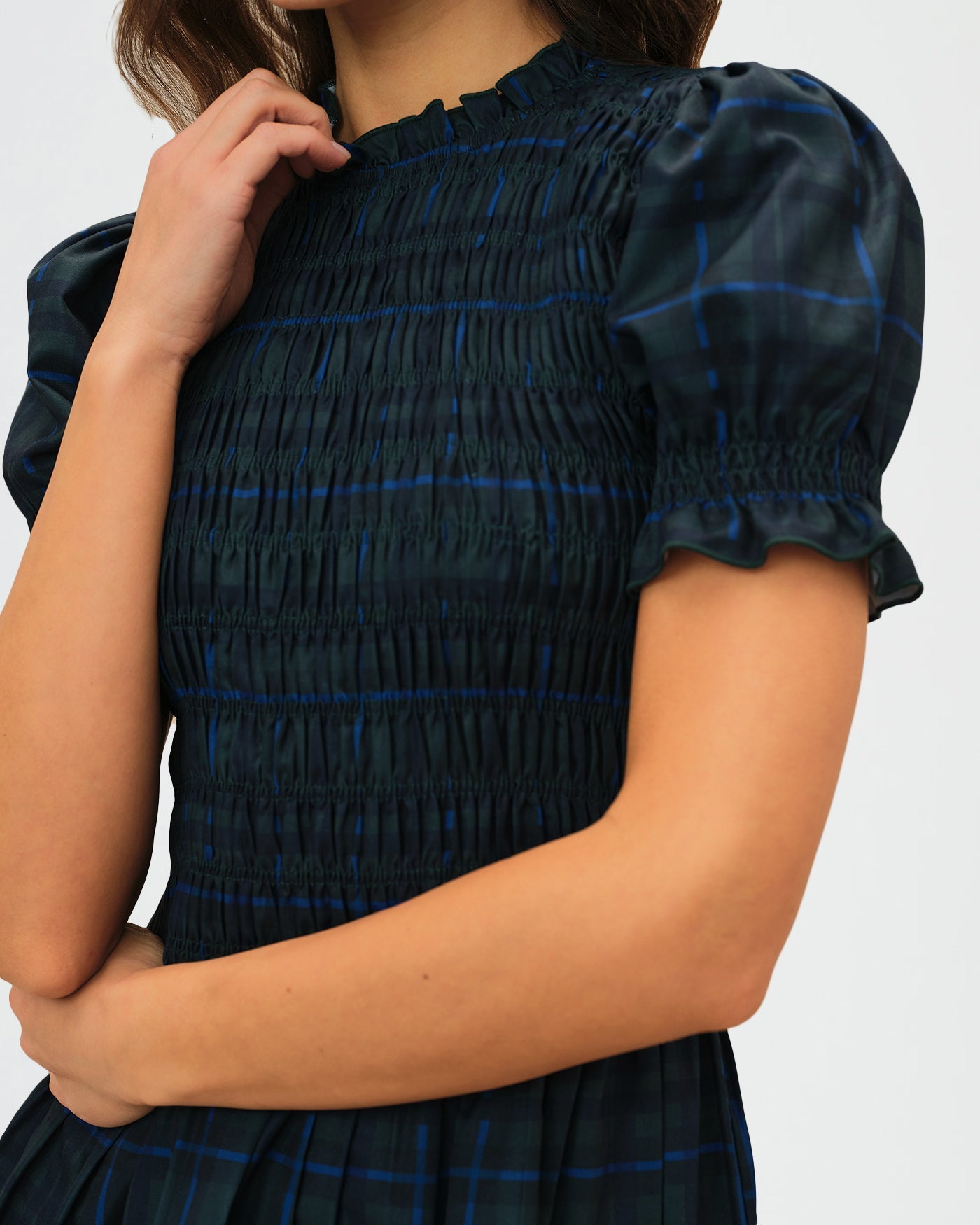 Vestido Mini de Cuadros Manga Abullonada — Verde