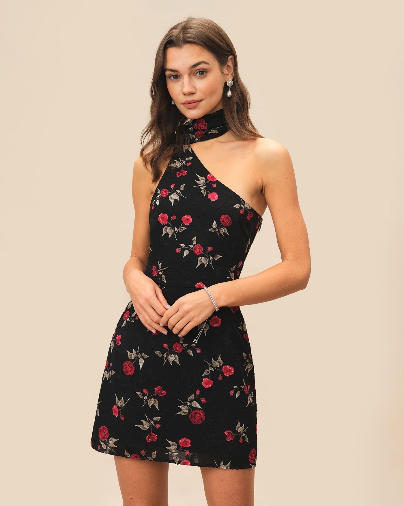 Vestido Mini Jacquard Un Hombro — Negro