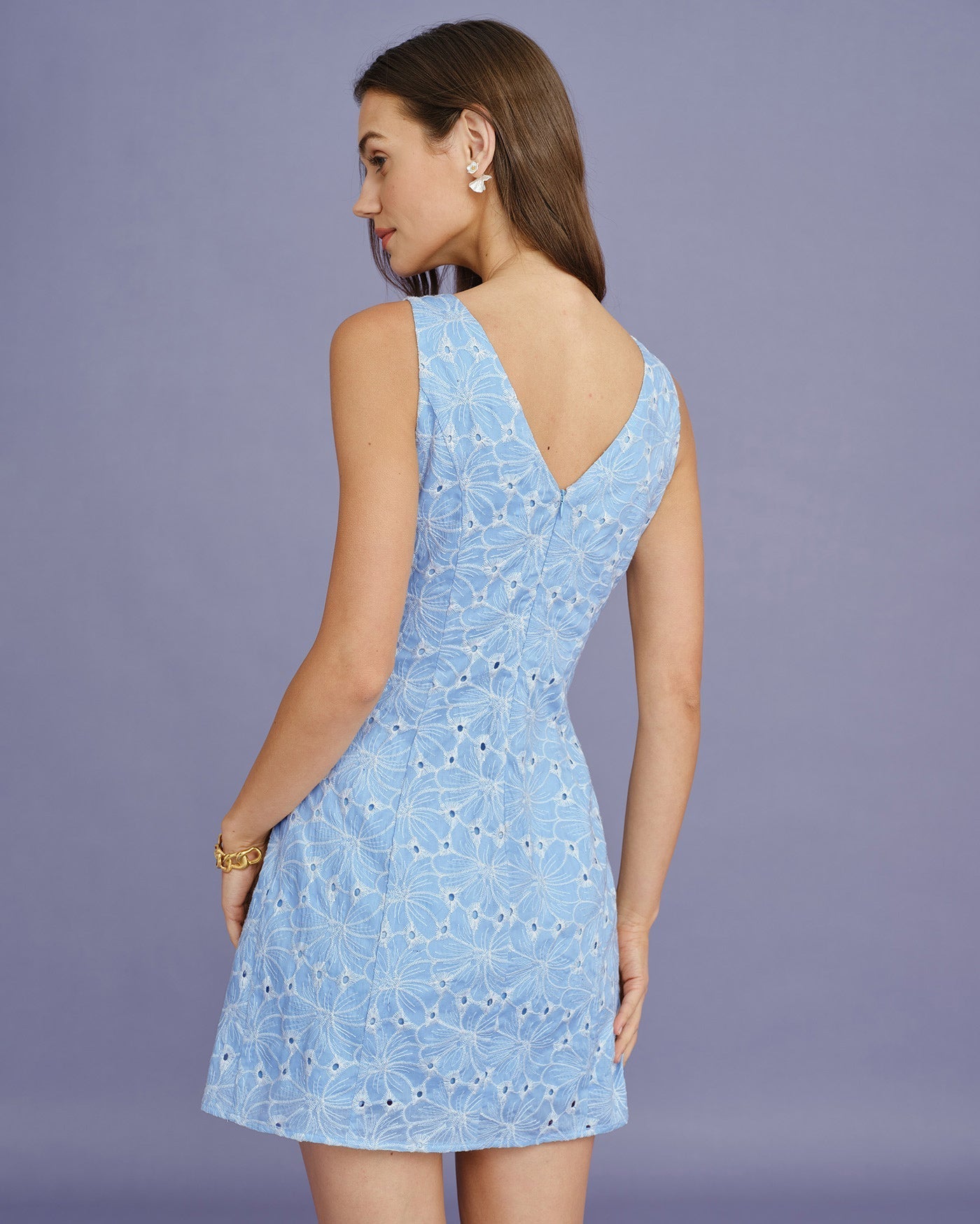 Vestido Mini Bordado sin Mangas — Azul