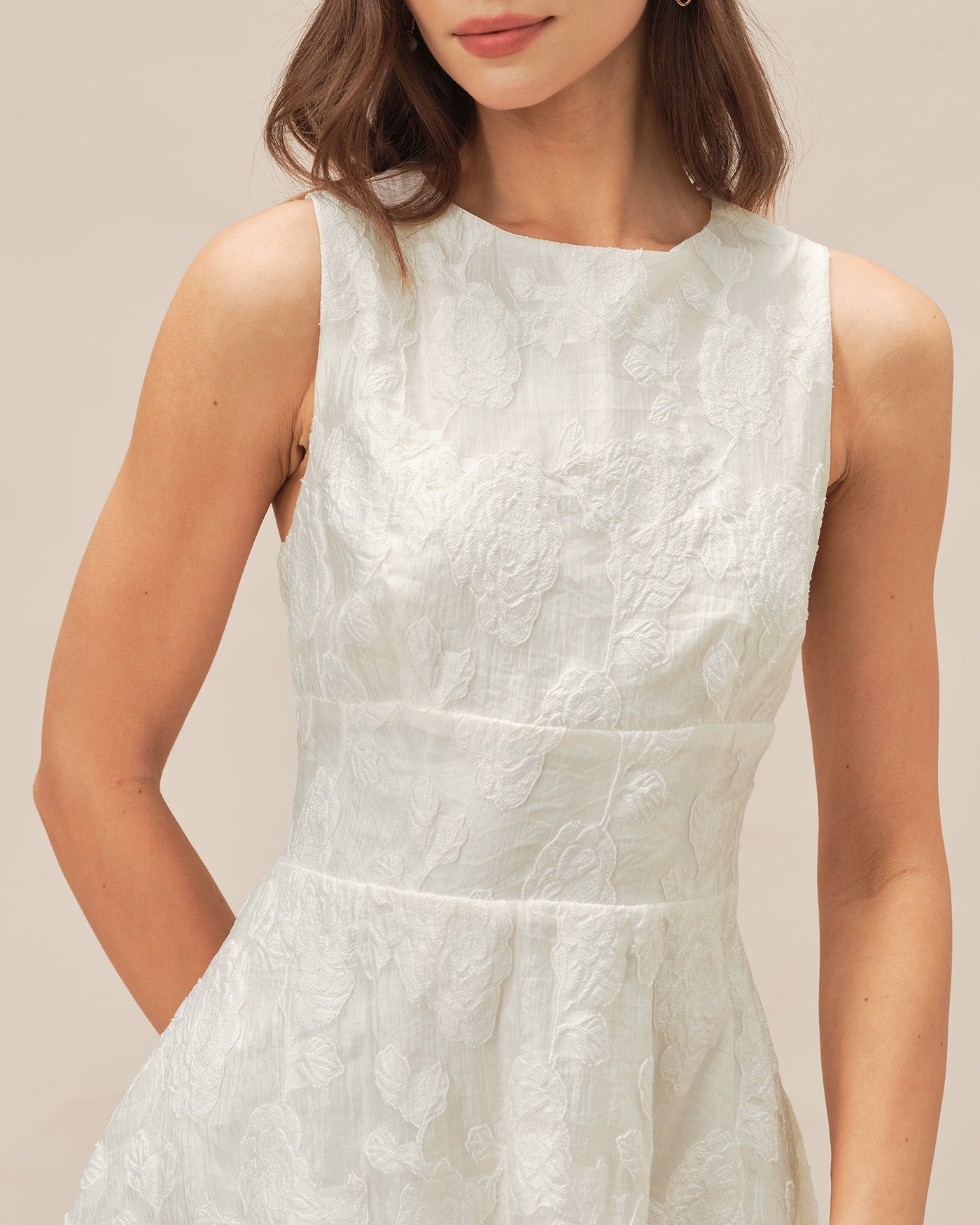 Vestido Mini Jacquard Escote Redondo — Blanco