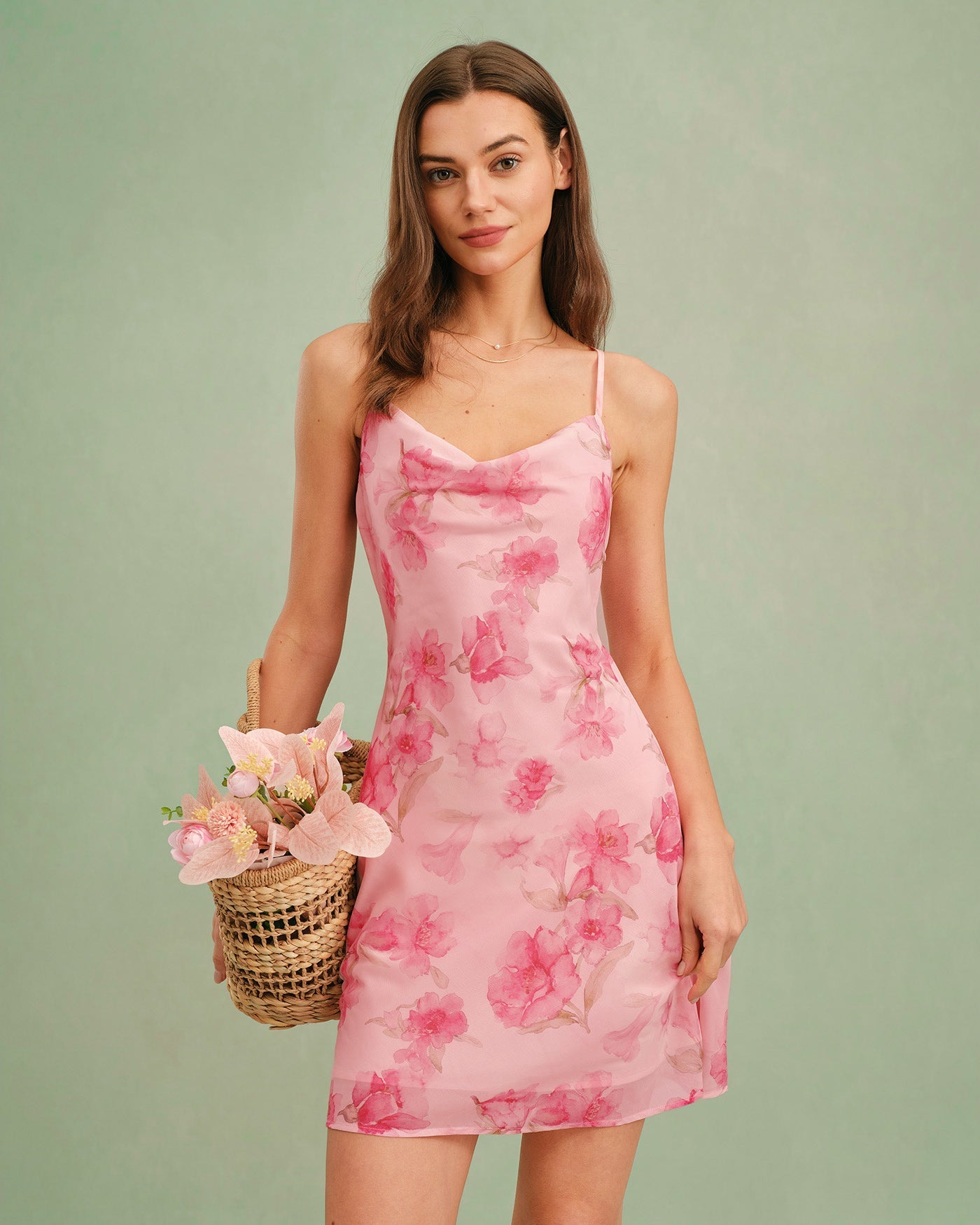 Vestido Mini Lencero Cuello Drapeado Floral — Rosa