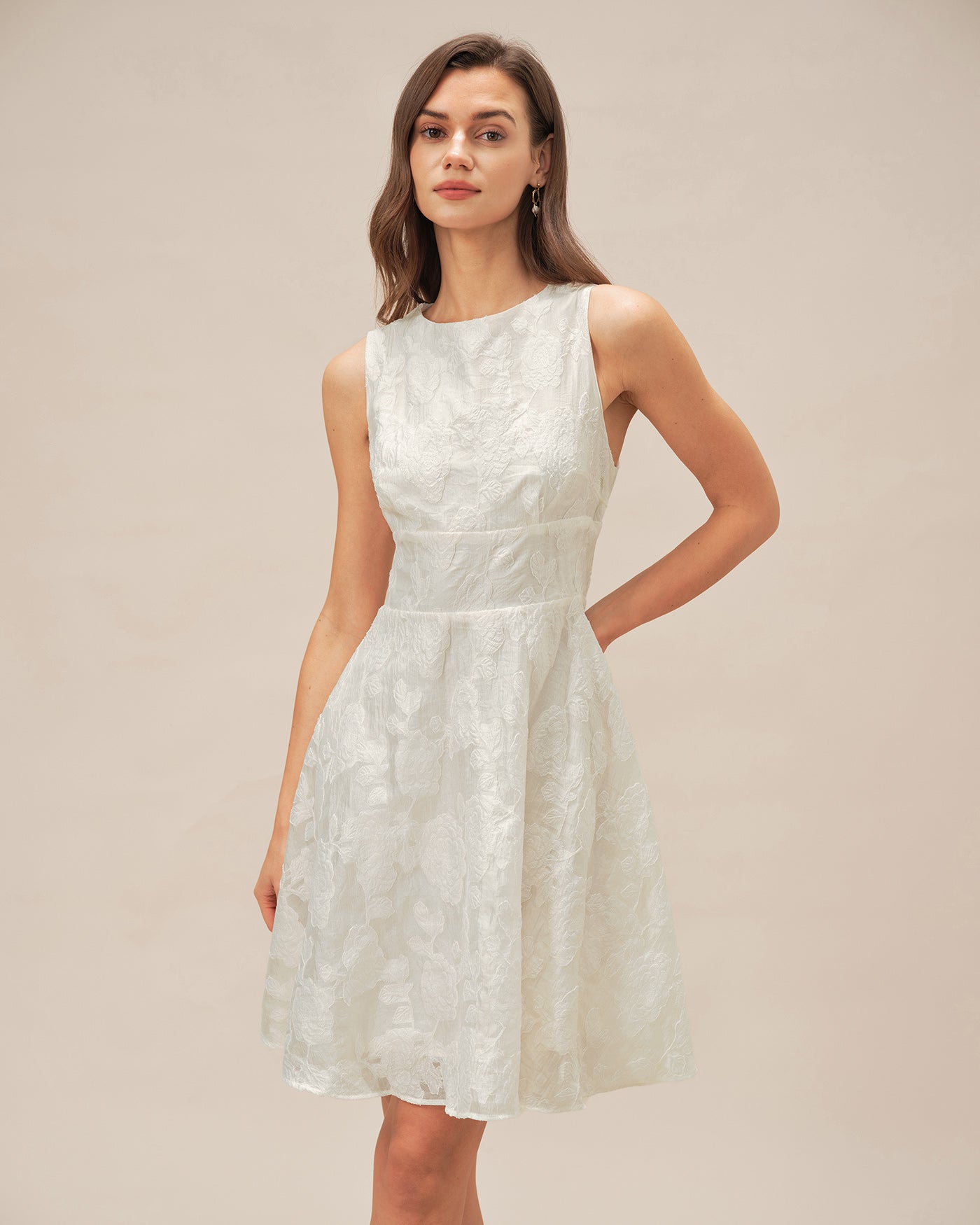 Vestido Mini Jacquard Escote Redondo — Blanco