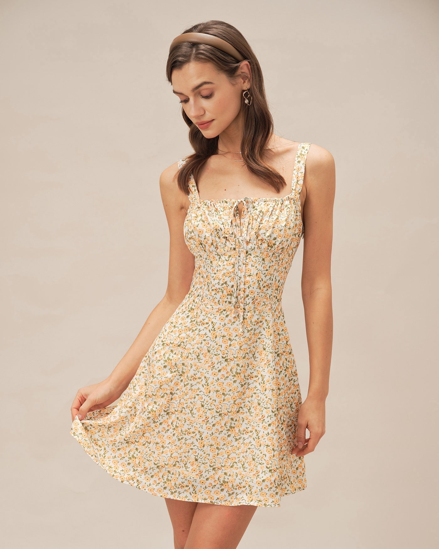 Vestido Mini Floral Espalda Corsé — Amarillo