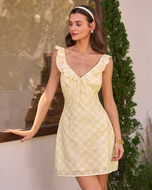 Vestido Mini de Cuadros con Volantes — Amarillo