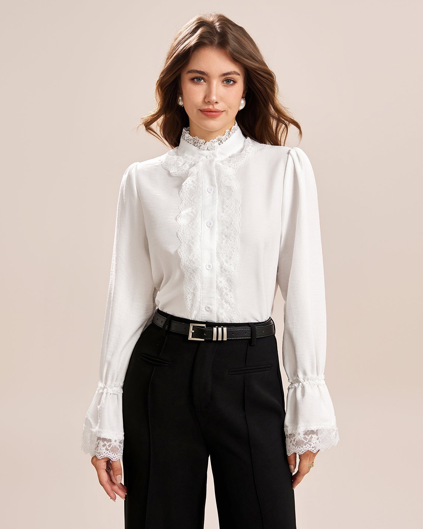 Camisa de Encaje Manga Poeta Cuello Alto — Blanco