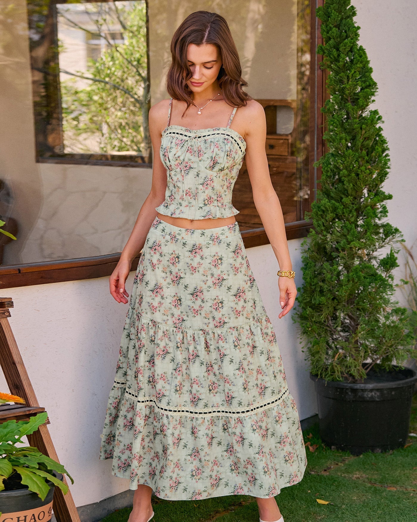 Falda Midi Floral en Línea a — Verde
