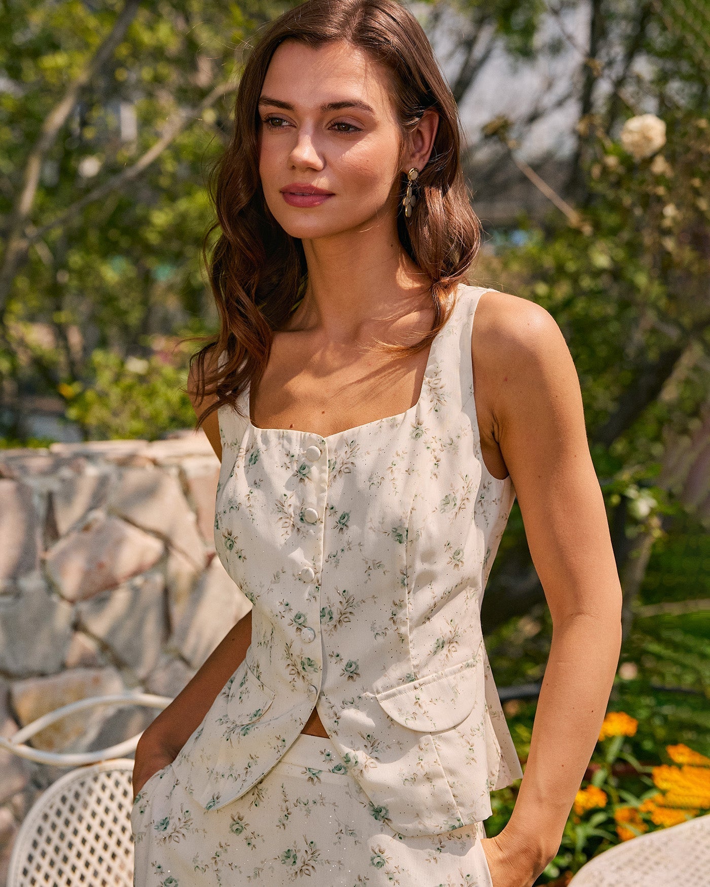 Top de Tirantes Floral con Escote Cuadrado — Verde
