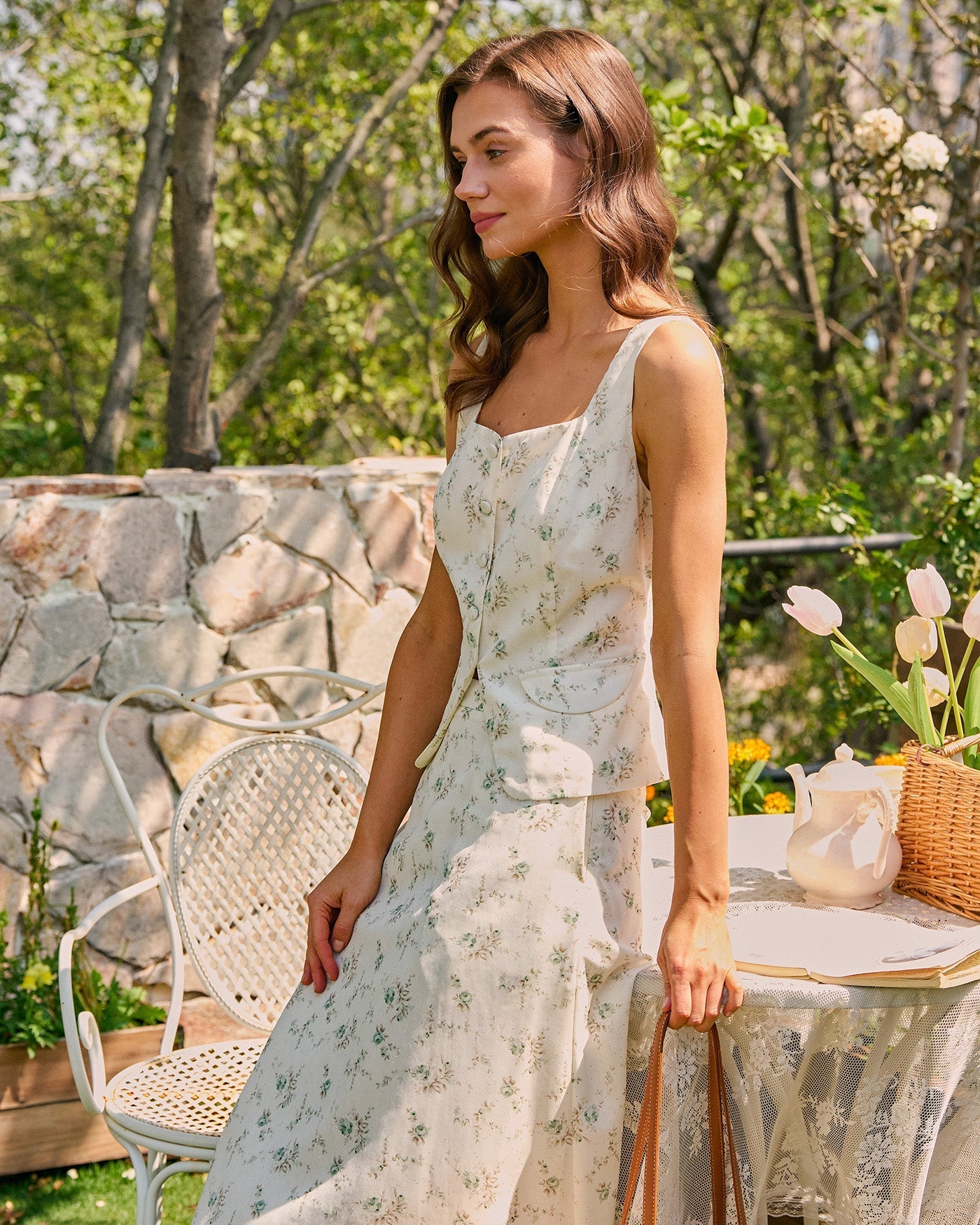 Top de Tirantes Floral con Escote Cuadrado — Verde