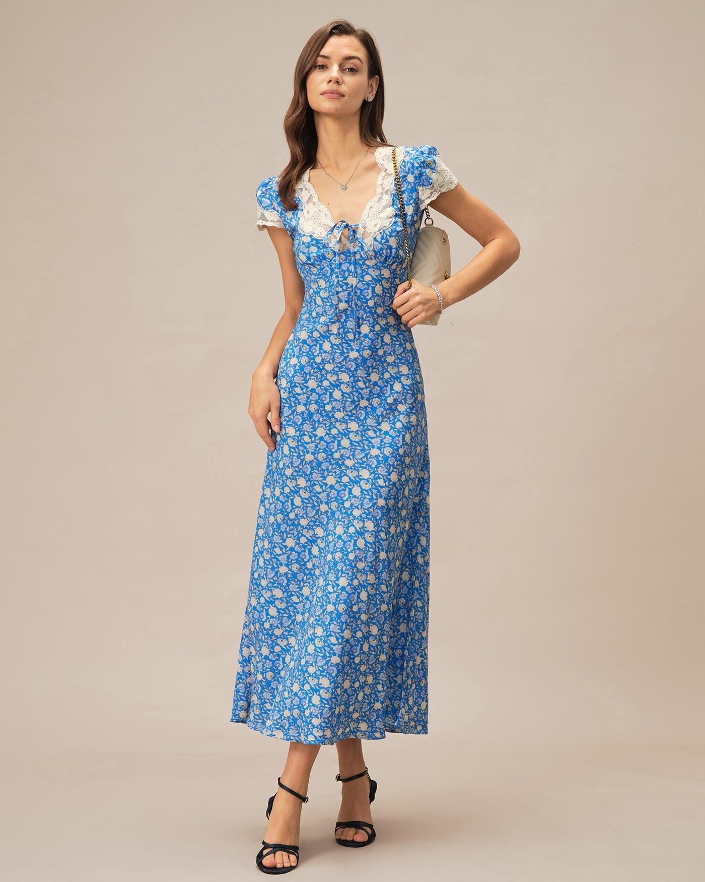 Vestido Maxi Floral Escote en V — Azul