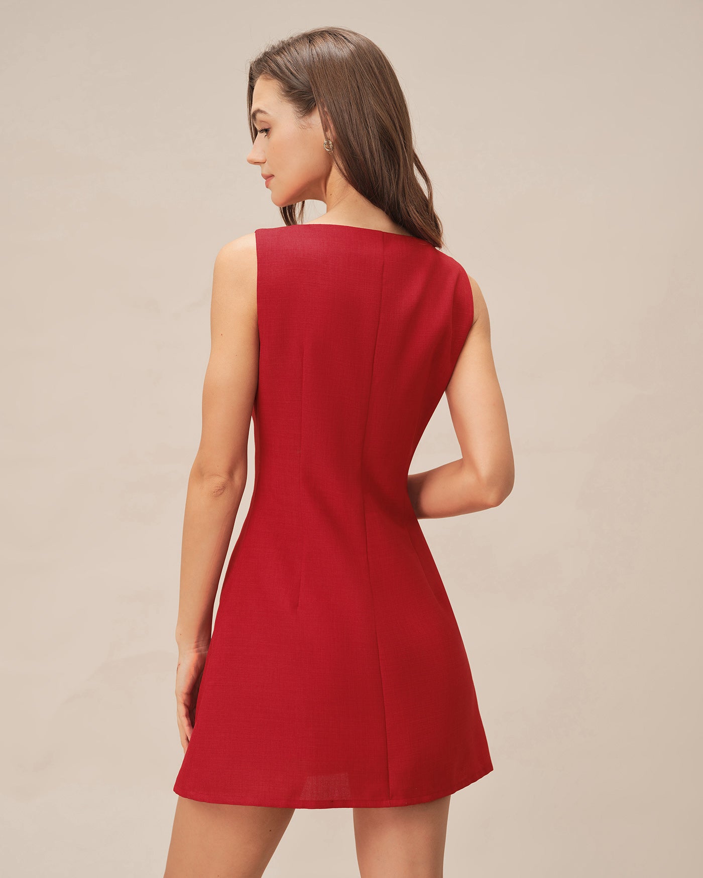 Vestido Mini Sin Mangas con Botones Escote Barca — Rojo