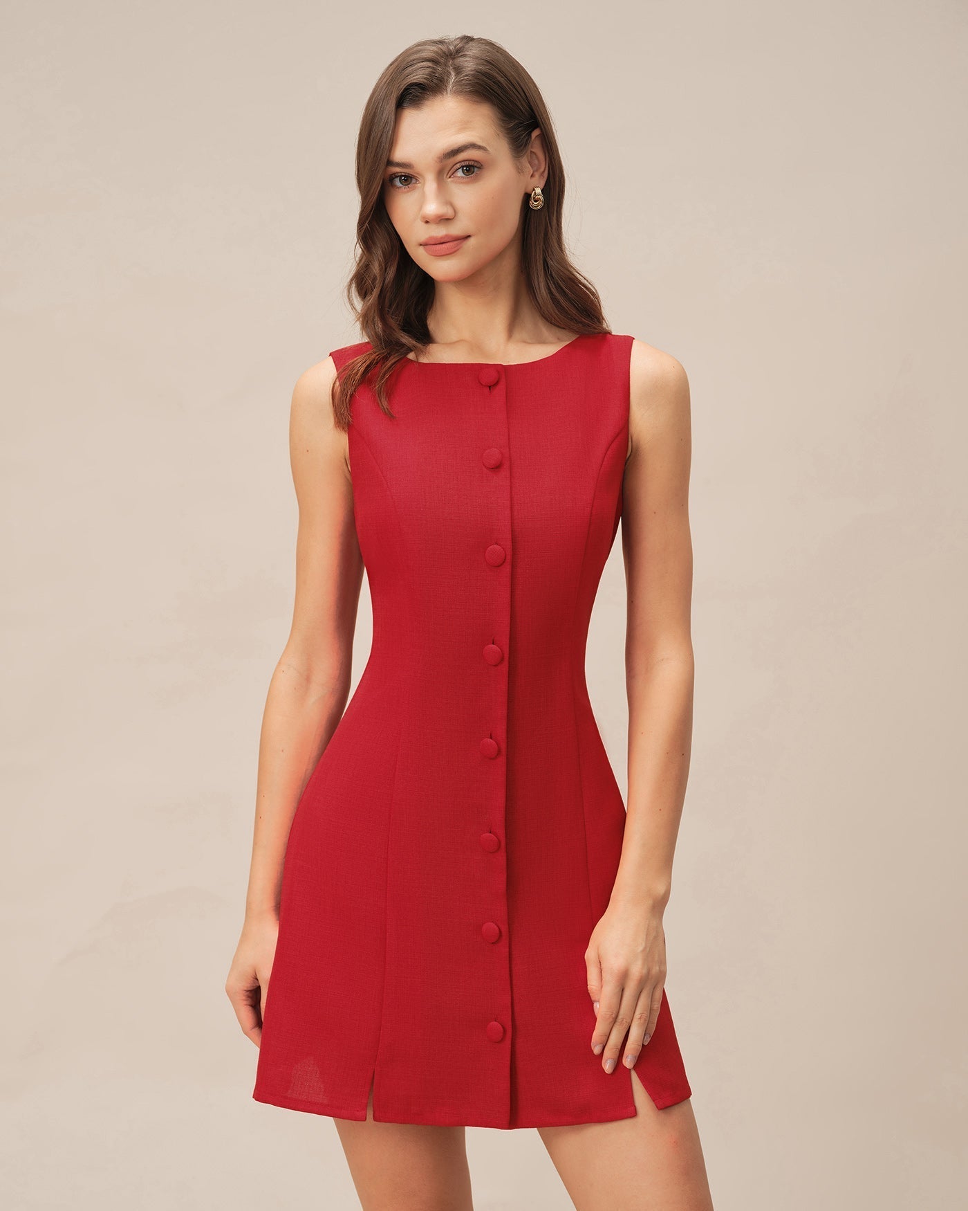 Vestido Mini Sin Mangas con Botones Escote Barca — Rojo
