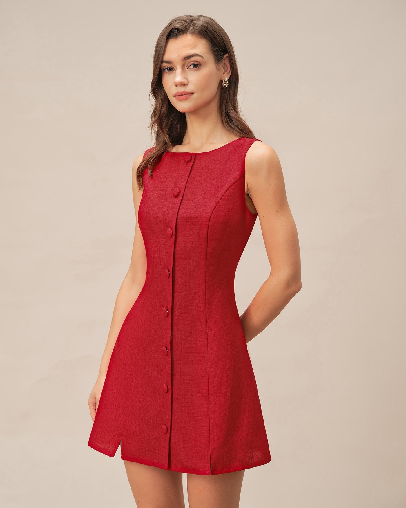 Vestido Mini Sin Mangas con Botones Escote Barca — Rojo